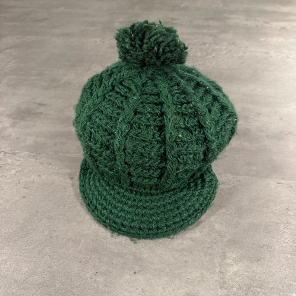 Vintage 70s Kmart Newsboy Cap Trucker Forest Green Cable Knit Pom Pom Beanie Hat